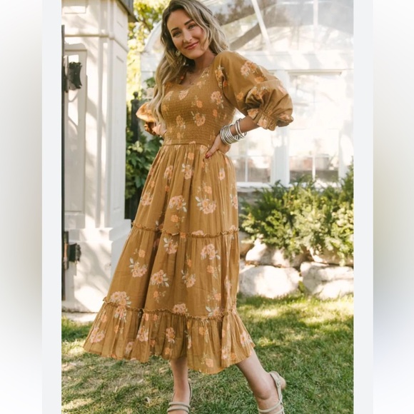 Ivy City Co Madeline in Celeste Gold Midi Sundress with Bishop Sleeves